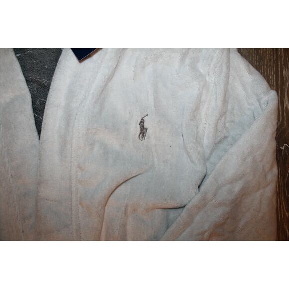 NWT RALPH LAUREN Large Polo Pony Plush Velour Bath Robe White Gray $150 - Picture 7 of 9